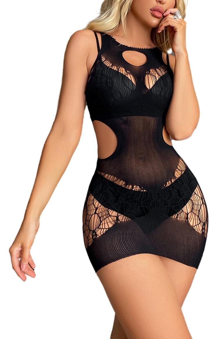 Bommi Fairy Women's Mesh Cut-Out Bodycon Dress Fishnet Halter Lingerie Mini Dress Club Wear Party Dress Out Fits Chemise Nithtwear (Black)