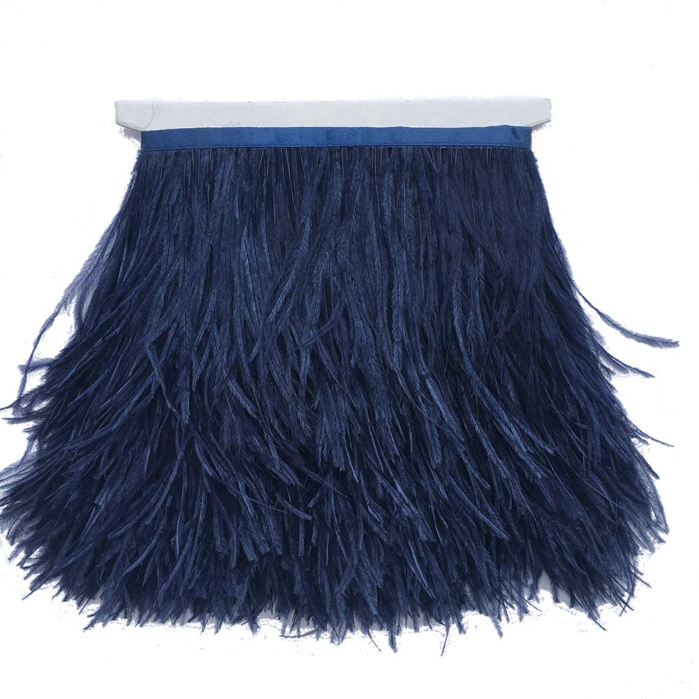 Sowder Ostrich Feathers Trims Fringe with Satin Ribbon Tape for Dress Sewing Crafts Costumes Decoration Pack of 2 Yards (Navy)