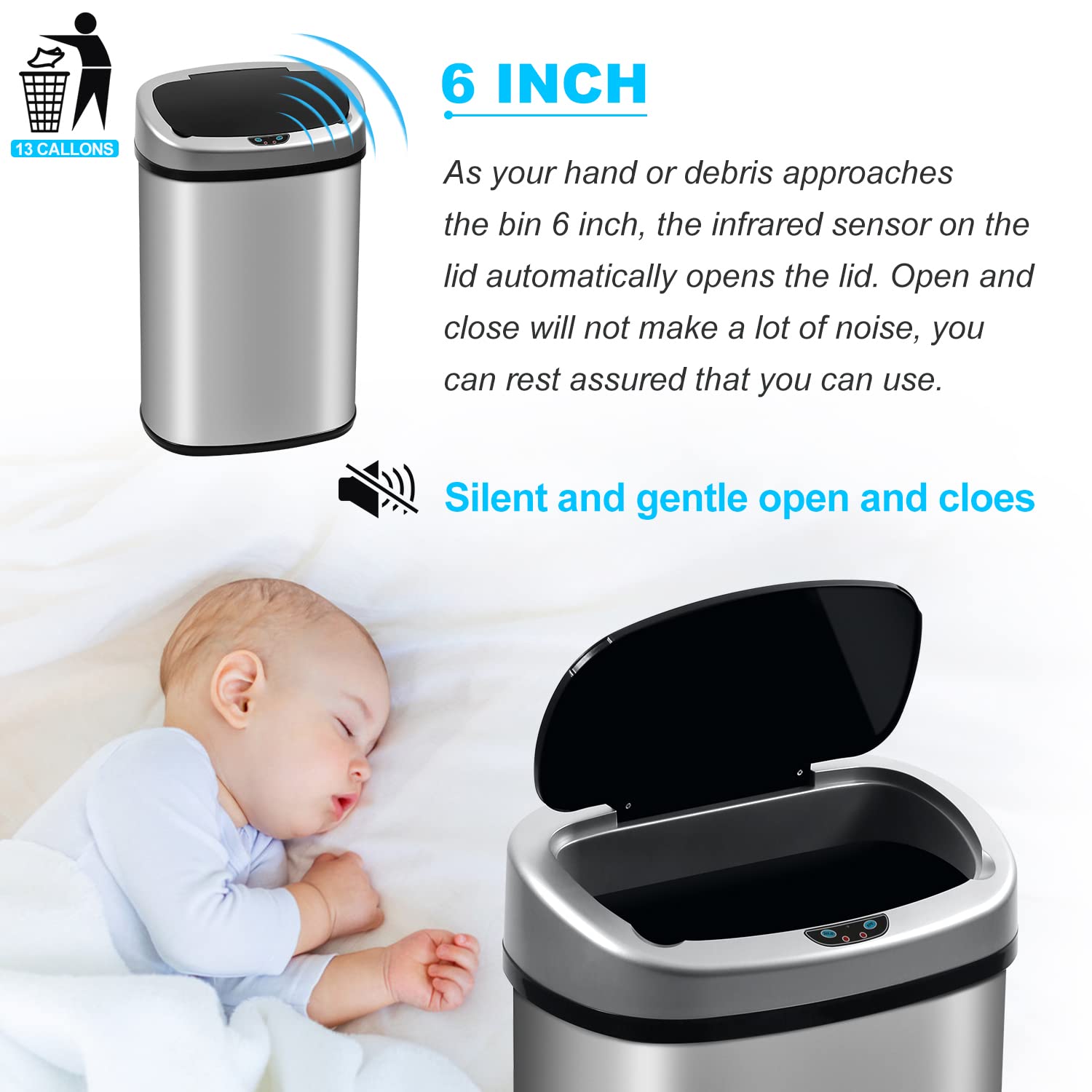Mua 13 Gallon Automatic Trash Can with Lid, Touch Free Stainless Steel ...