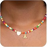 ZZLAY Colorful Beaded Initial Necklace for Girls - Trendy Handmade Choker Necklace with Stainless Steel Letter Charm and Heart Pendant, Bohemian Initial Necklace Jewelry Gift for Women and Teen Girls