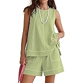 LOMON Womens Two Piece Short Sets Summer Round Neck Sleeveless Tank Tops Drawstring Elastic Waist Shorts with Pockets