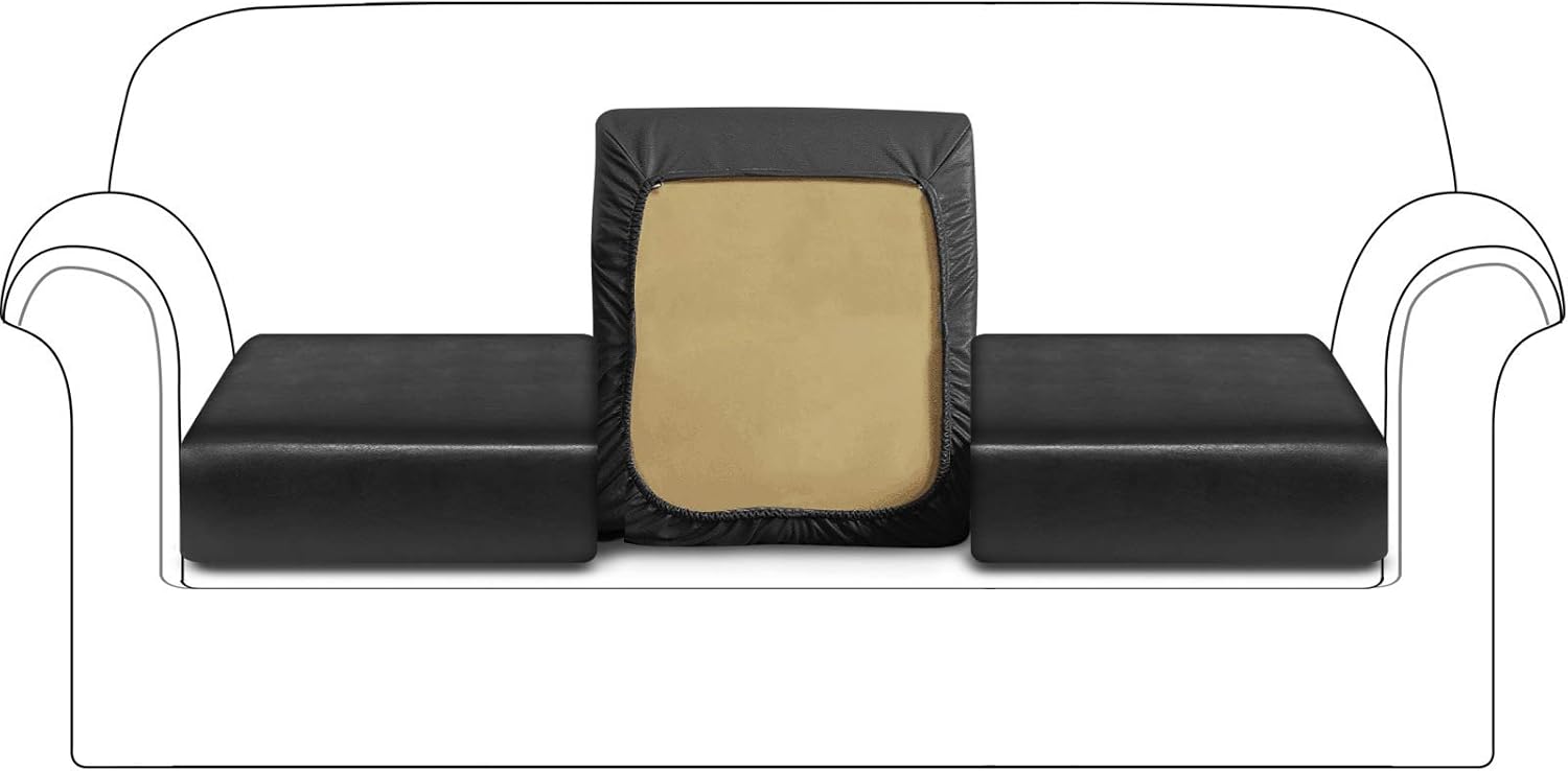 HDCAXKJ Waterproof Leather Couch Cushion Covers Individual Stretch Sofa Seat Cover for Chair Loveseat Sectional Sofa Slipcover Living Room Anti Slip Pet Dog Furniture Protector (Black, Small 3 Pack)