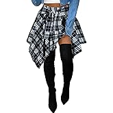 Women's Plaid Skorts Skirts - High Waisted Tie Front Pleated Summer Asymmetrical Skirt with Shorts