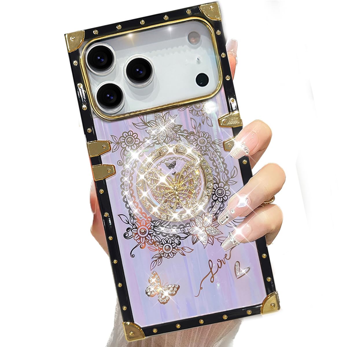 Photo 1 of AuroiCCY For iPhone 17 Pro Max Glitter Case with Kickstand, Cute Bling Diamonds Butterfly Foldable Stand Shockproof Marble Shell Floral Pattern Girl Woman Soft Cover for iPhone 17 Pro Max 6.9", Purple