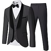 YND Men's 3 Piece Slim Fit Tuxedo Suit Set, One Button Shawl Lapel Solid Blazer, Jacket Vest Pants with Bow Tie