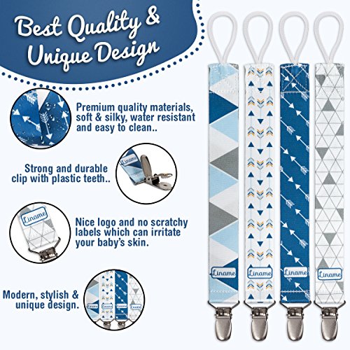 Liname Pacifier Clip for Boys with BONUS Teething Toy & eBook - 4 Pack Gift Packaging - Premium Quality & Unique Design - Pacifier Clips Fit ALL Pacifiers & Soothers - Perfect Baby Gift