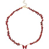 MINACHI Boho Carnelian Chip Bead Necklace with Red Butterfly Pendant, Adjustable Gold-Tone Clasp