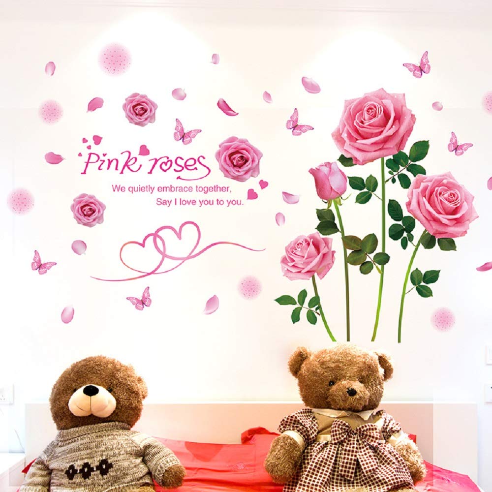 Amaonm Creative Romantic Removable Flowers Rose Wall Sticker 3D Home Wall Art Decor Flowers Wall Decals Floral Wall Decor for Kids Bedroom Living Room Girls Teens Nursery Rooms Decoration (Pink)