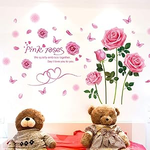 Amaonm Creative Romantic Removable Flowers Rose Wall Sticker 3D Home Wall Art Decor Flowers Wall Decals Floral Wall Decor for Kids Bedroom Living Room Girls Teens Nursery Rooms Decoration (Pink)