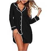 Ekouaer Women's Nightgown Long Sleeve Nightshirt Button Down Sleepshirt Boyfriend Sleepwear Pajama Dress S-XXL