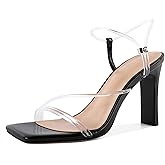 Joseywade Clear Black Heels Clear Heels For Women Clear Ankle Strap Open Toe High Block Chunky Heel Heeled Sandals Transparent Shoes 3.5" US Size 6