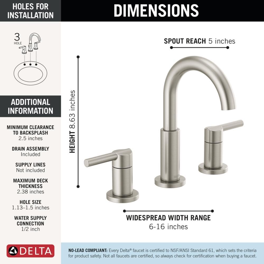 Delta Nicoli Brushed Nickel Faucet 3 Hole, 8 Inch Widespread Bathroom Sink Faucet for Vanity, Push-Pop Drain Assembly, Stainless 35749LF-SS