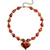 YUJIE Chunky Heart Penadnt Necklace for Women- Exaggerated Statement Puff Heart Necklace with Acrylic Beaded Chain
