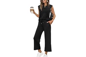 WIHOLL 2 Piece Sets for Women Summer Lounge Sets Travel Vacation Outfits Cap Sleeve Sweatsuit Side Slit Wide Leg Pants S-3XL