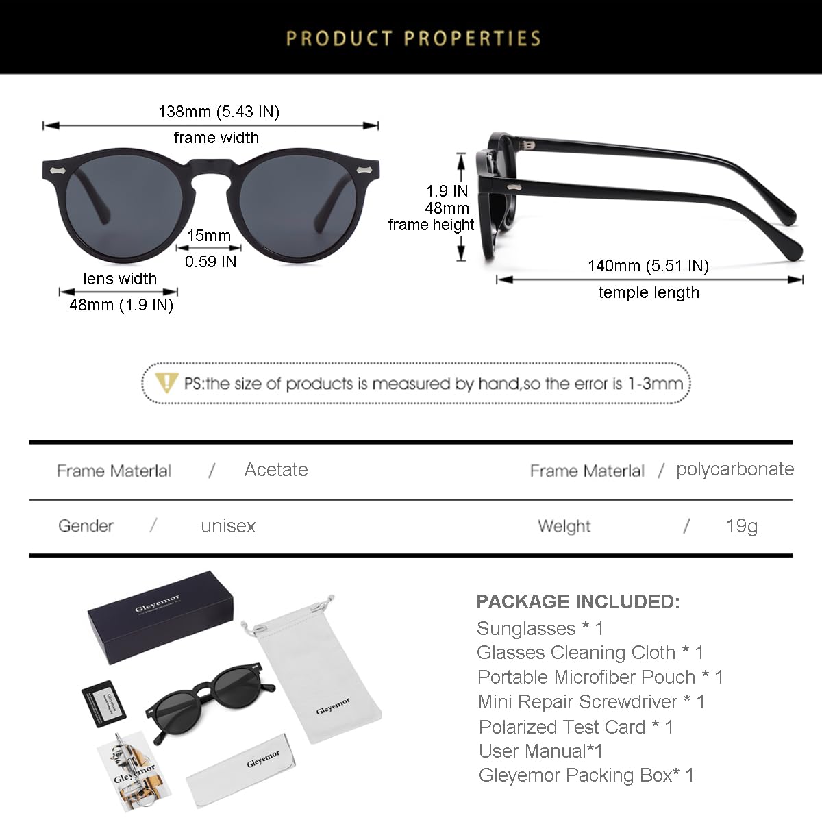 Gleyemor Vintage Polarized Sunglasses for Men Round Sunglasses UV400 Protection Retro Hand-crafted Acetate Frame