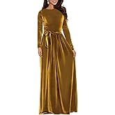 BestGirl Women's Velvet Maxi Dress Crew Neck Long Sleeve High Waist with Belt Cocktail Party Bridesmaid Dresses