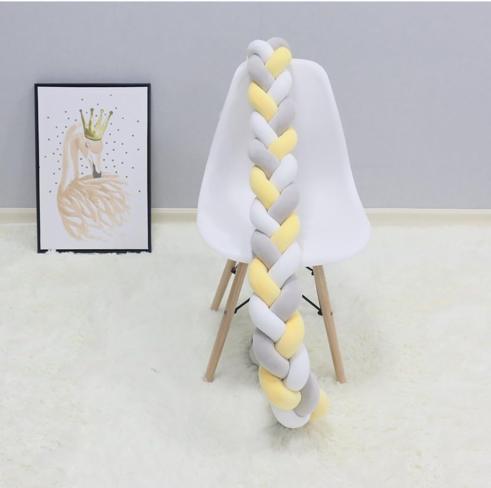 Baby Braided Crib Bumpers Long Knot Pillow Cushion,Nursery Bedding Cot Safety Fence Stroller Bumpers Room Decor (White-Grey-Yellow, 200CM)