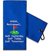 TOUNER Funny Golf Towel Gifts for Dad, Retirement Gifts for Men Golfer, Embroidered Microfiber Waffle Golf Towel with Clip (Blue, Gingham, 26x15 in)