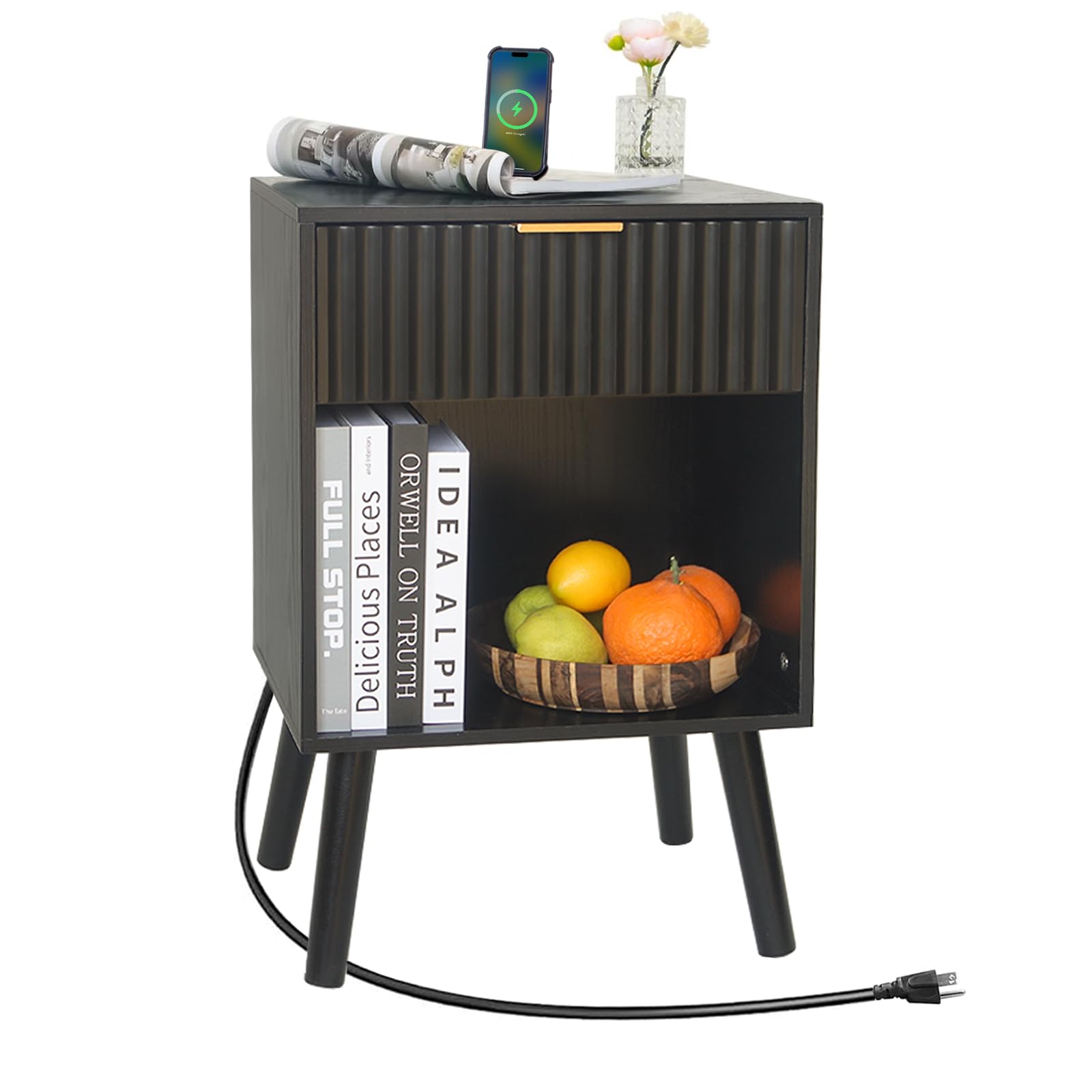 Photo 1 of ***SEE CLERK COMMENTS*** Fultyle Fluted Black Nightstand with Charging Station, Mid Century Modern Bedside Table with Drawers and Outlet,Side Tables Living Room, Wooden Night Stand for Bedroom, Office (Black)