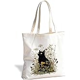 ERJHFGHU Black Cat Canvas Tote Bag for Women, Vintage Tote Reusable Shopping Grocery Shoulder Bag, Aesthetic Cat Lover Gift