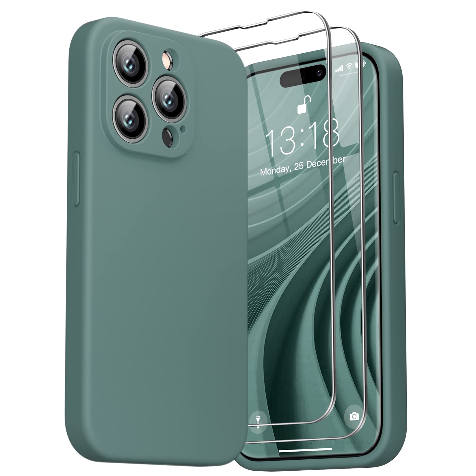 GOODVISH 3 in 1 Designed for iPhone 14 Pro Max Case 6.7" Liquid Silicone 2022, with 2x Screen Protector, [Enhanced Camera 360° Full Protection] Shockproof Anti-Scratch Slim Phone Cover, Pine Green