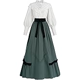 FCCAM Victorian Dress for Women V-neck Edwardian Dress Renaissance Costume with Pockets