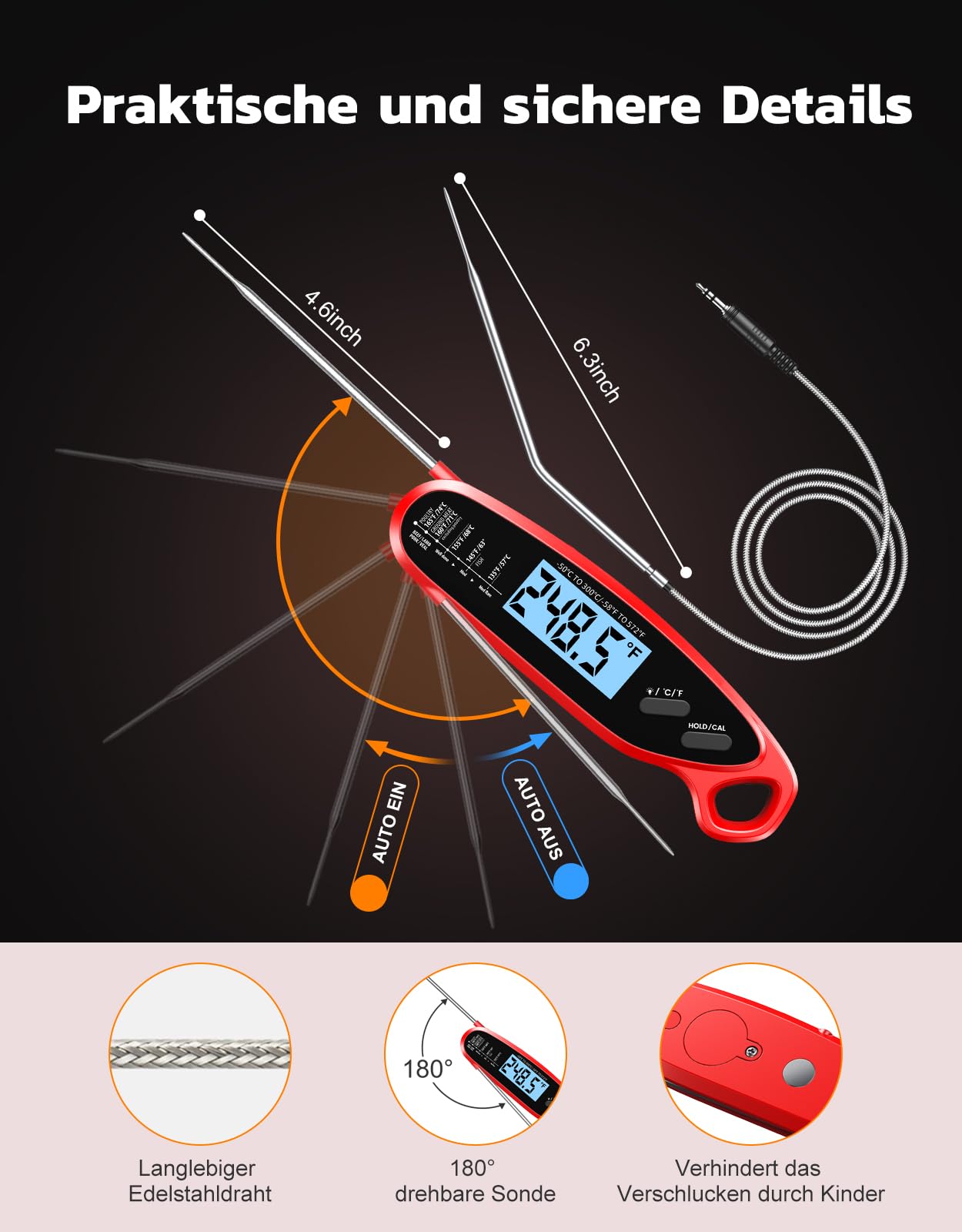 Babacom Fleischthermometer Sofortanzeige mit zwei Sonden & großem Bildschirm, Bratenthermometer mit Alarmeinstellung und Kalibrierung, Grillthermometer für Küche, Ofen, Zucker, Flüssigkeiten, BBQ 5