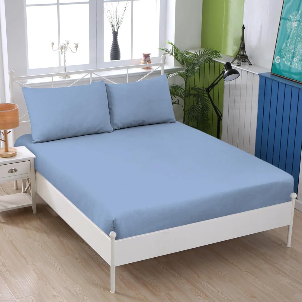 KHIM® 100% Soft Brushed Cotton Flannelette | 10Inch/25CM Deep Fitted Sheets | King - Sky Blue
