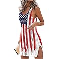 AIMITAG Swimsuit Coverup for Women American Flag Hollow Out Slit Crochet Cover Up Tank Dress Beach Bikini Cover Up Dresses