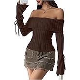 SweatyRocks Women's Off Shoulder Sweater Bell Long Sleeve Flared Bow Tie Slim Fit Knit Tops