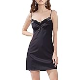 Night Poem Women's Satin V-neck Nightdress, Silk Nightgrowns with Lace Trim and Spaghetti Straps