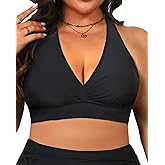 Yonique Women's Plus Size Bikini Tops Only Halter Swimsuit Top Large Bust Swim Top V Neck Bathing Suit Tops