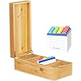 Neando Bamboo Business Card Organizer for 2x3.5 Cards – 600-Card Capacity Wooden Holder with Lid, 4 Compartments, Includes 20 Thick Index Cards – Natural Mini Card Filing Box