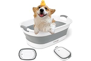 BREENHILL Collapsible Dog Bath Tub for Small Dogs & Cats, Portable Puppy Bath Tub with Water Drain Plug, Space Saving Foldable Pet Bathtub for Indoor & Outdoor Use, Grey