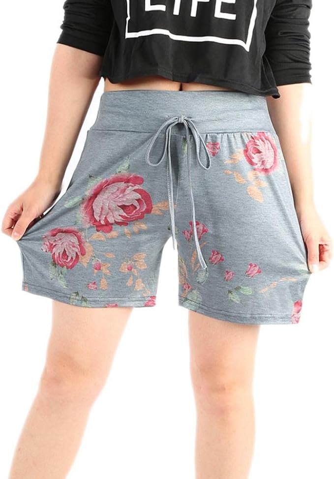 Kingwo Frauen Yoga Shorts Damen Sommer Hosen Hot Pants Blumen Gedruckt Casual Beach Shorts Hohe Taille Drawstring Kurze Hosen L Grau Amazon De Bekleidung