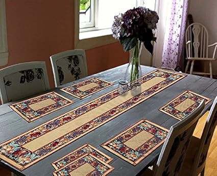 Glamkart Jacquard Linen 7 Piece Mat with Table Runner - 13 x 18, Beige (AMAZON001)