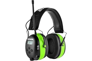 Hocazor HP10 FM AM Radio Headphones with LCD Display, 30dB SNR Hearing Protection Safety Earmuffs for Mowing Work Shops, Green
