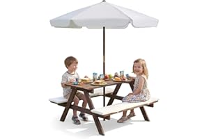 OLAKIDS Kids Picnic Table, Outdoor Wooden Bench Set with Cushions Adjustable Foldable Umbrella for Patio Garden Backyard