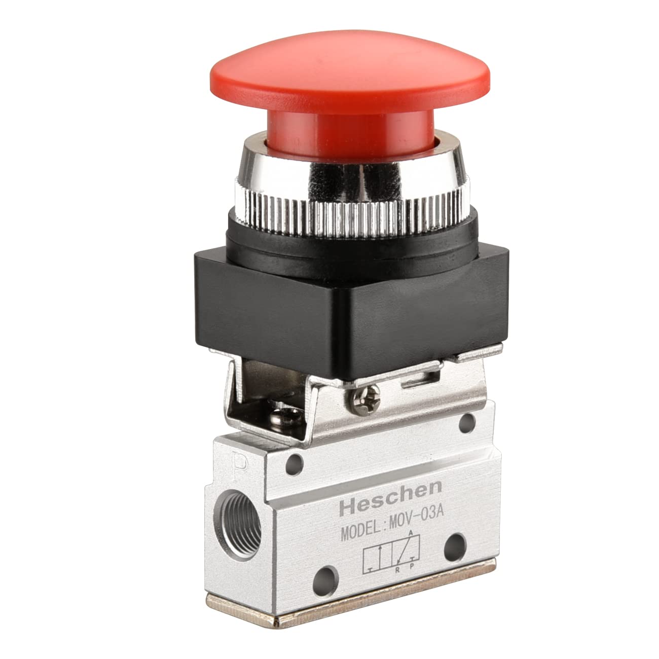 Heschen Pneumatic Mechanical Valve, MOV-03A, PT1/8, 3 Way 2 Position, Red Mushroom Momentary Push Button Valve, Normally Closed Type