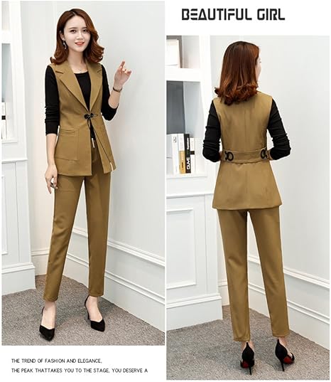 Amazon レディース ３点セットスーツ Ol ファッションオフィス 就活 ビジネス 通勤 リクルート 事務服 長袖 ベスト パンツスーツ チェック コーヒー Xl パンツスーツ 通販