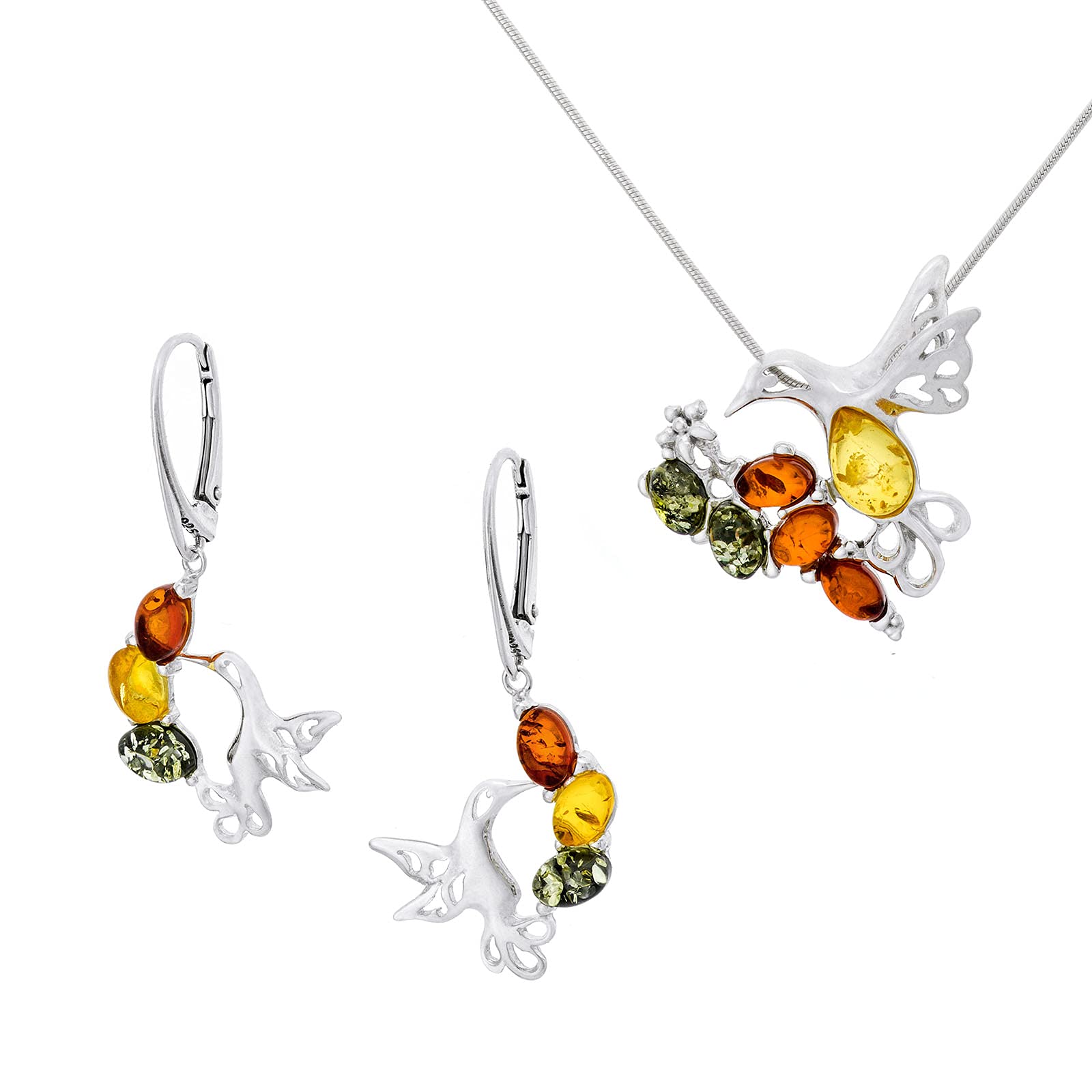 AMBEDORA Women's Jewellery Set Hummingbirds, Polished Sterling Silver, Colourful Baltic Amber, Silver Pendant on Chain and Earrings