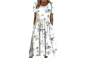 DPKLAD Below The Knee Short Sleeve Cover Up Ladies Dressy Classic Summer Super Soft Graphic Cotton Dress for Women.