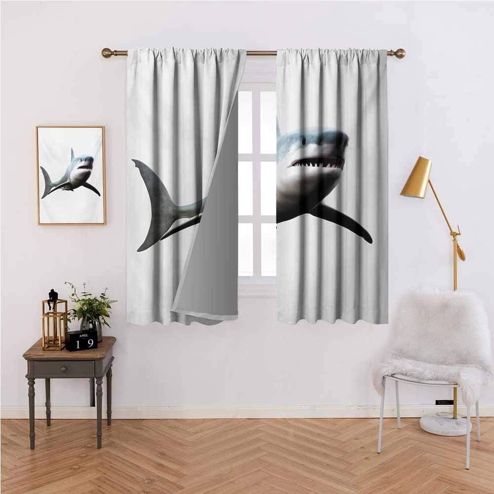 Shark Curtain for Door Window Digital Illustration of Wild Sea Creature Character Computer Art Artifical Image for Bedroom/Living Room W55x63L Blue Grey White