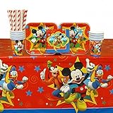 Mickey Mouse Party Supplies Pack for 16 Guests: Straws, Plates, Napkins, Cups, and Table Cover