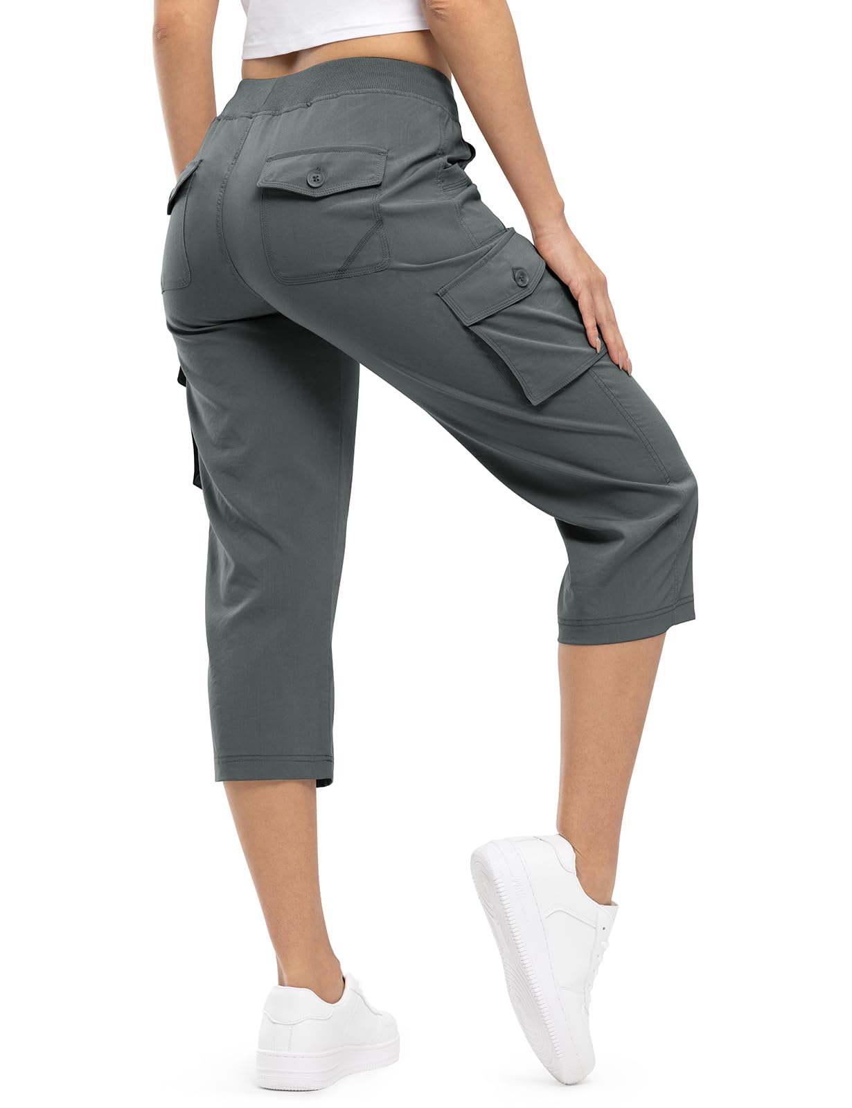 Photo 1 of TBMPOY Womens Cargo Capris Hiking Lightweight Pants 6 Pockets Quick Dry Casual Outdoor Trip Loose Shorts Cropped Cotton Dark Grey L