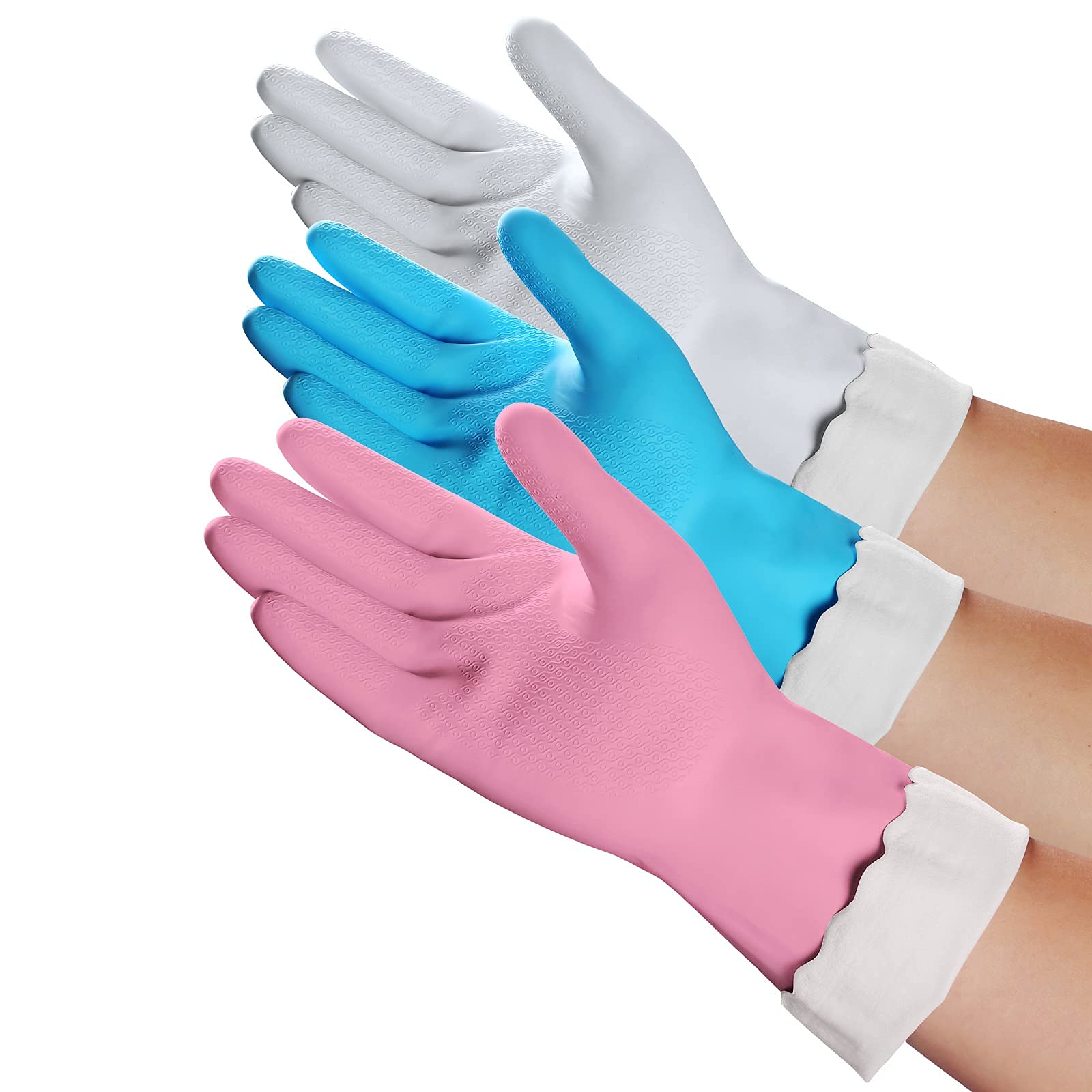 Household Cleaning Gloves - Reusable Kitchen Dishwashing Gloves with Latex Free, Cotton lining, Waterproof, Non-Slip (Large, 3 Pairs)