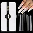 HWHUNO XL Tapered Square Nail Tips No C Curve,500Pcs Clear Medium Half Cover Long Coffin Shaped for Professional Manicure Salon and Home DIY