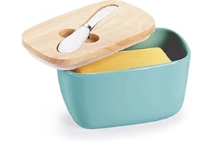 GDCZ Large Ceramic Butter Dish for Countertop Butter Keeper with Silicone Sealing, Natural Wooden Lid and Stainless Steel Knife, Kitchen Decor for Kitchen Gifts (Turquoise Larger Capacity)