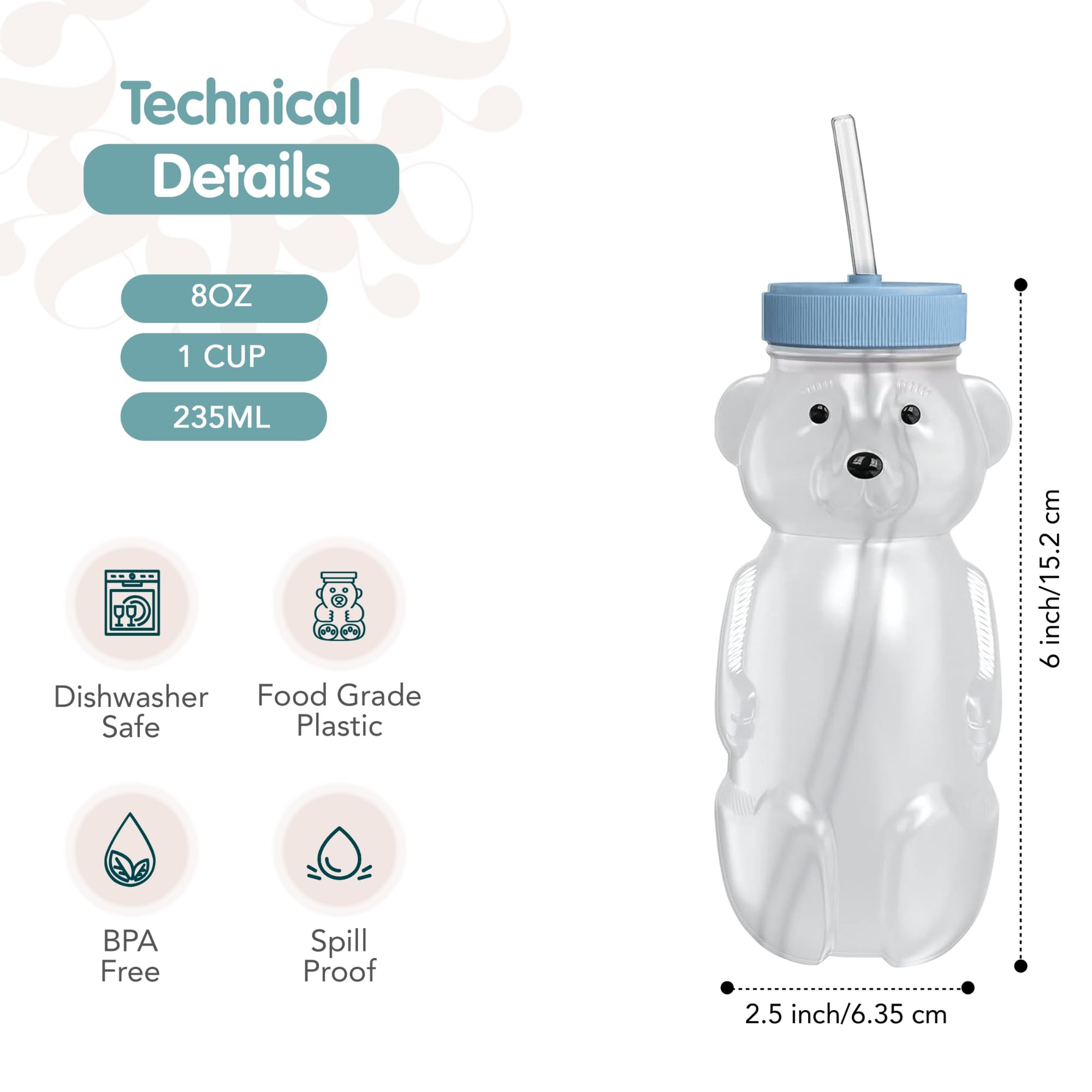 Honey Bear Straw Cup for Babies, 8-oz Honey Bear Cup with Lid, 3-Pack Therapy Learning Honeybear Straw, Baby Bottle Set, Blueberry Pie BLUE