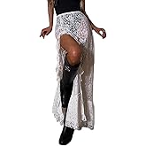 Vuwty Women Floral Lace Maxi Skirts Sheer See Through Long Skirt Casual A Line Cover Up Beach Skirts